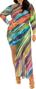 BUXOM COUTURE Print Asymmetric Long Sleeve Mesh Midi Dress