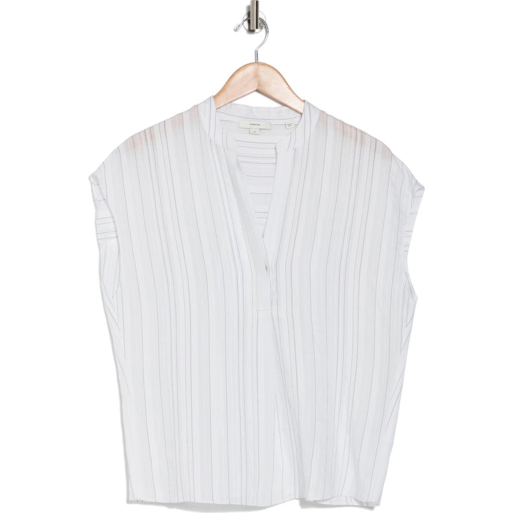 Vince Drapey Stripe Band Collar Popover In Optic White/coastal