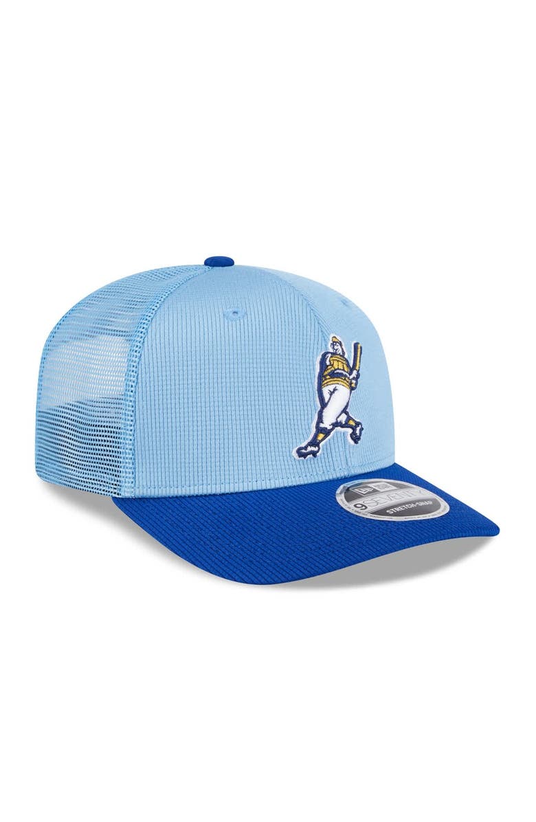 New Era Men's New Era Light Blue/Royal Milwaukee Brewers 2025 Batting Practice 9SEVENTY Stretch-Snap Trucker Hat, Alternate, color,
