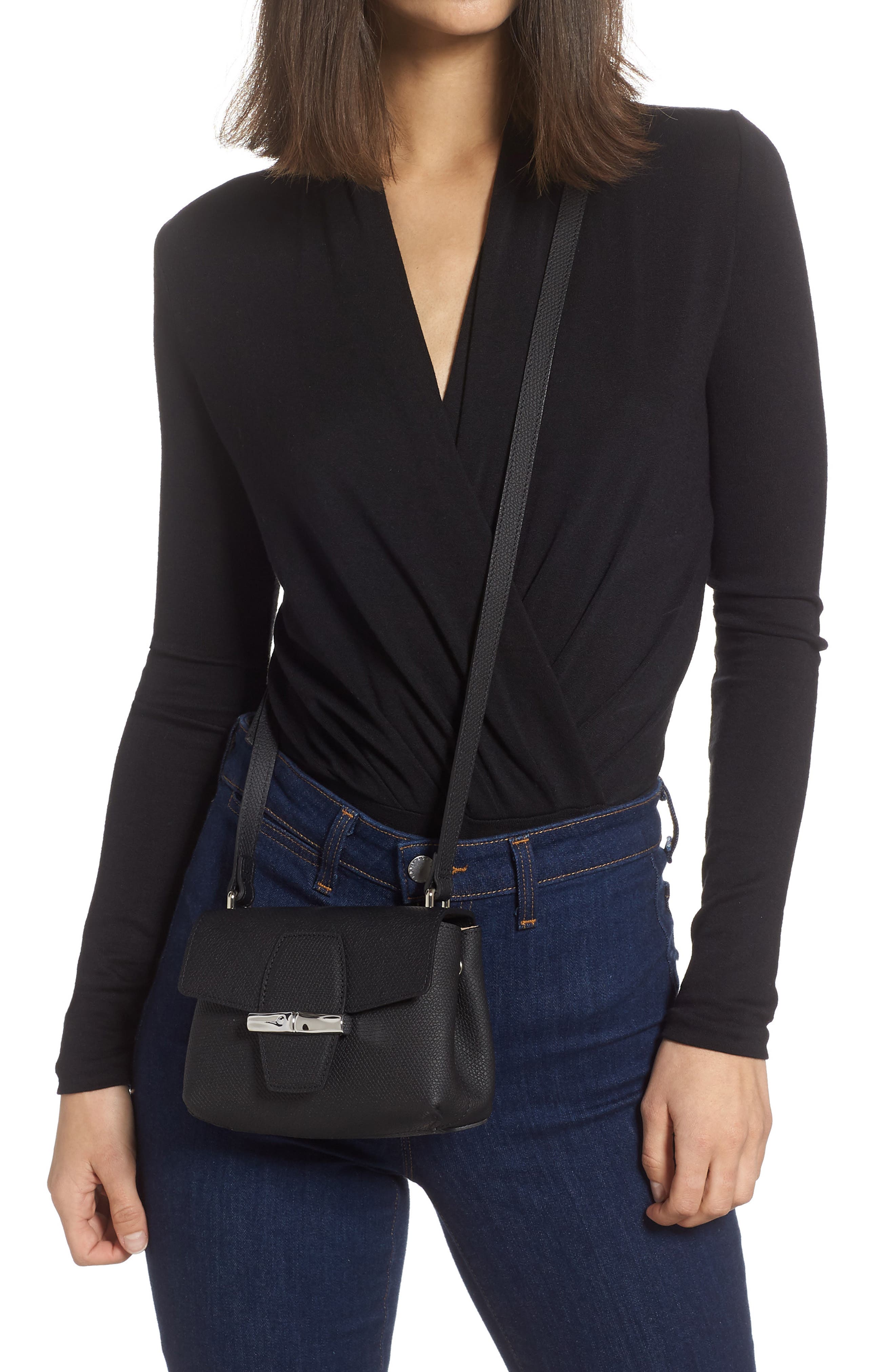 Longchamp Small Roseau Leather Crossbody Bag, Alternate, color, Black