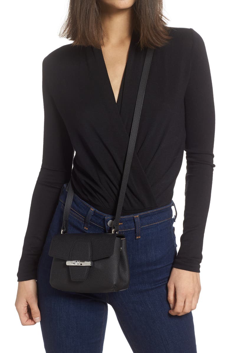 Longchamp Small Roseau Leather Crossbody Bag, Alternate, color, Black