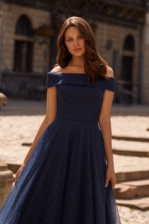 La Femme Tulle Off The Shoulder A-line Dress With Rhinestones In Navy