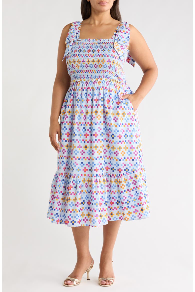 Kessa Geo Print Smocked Sleeveless Midi Dress, Main, color, LIGHT-BLUE-MULTI