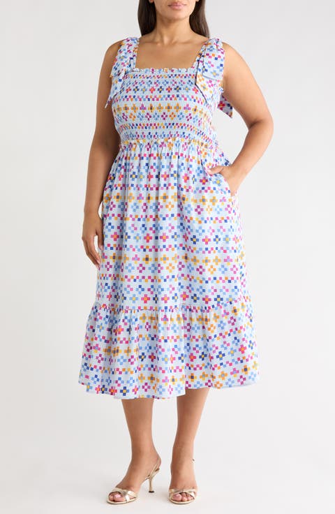 Kessa Geo Print Smocked Sleeveless Midi Dress (Plus)