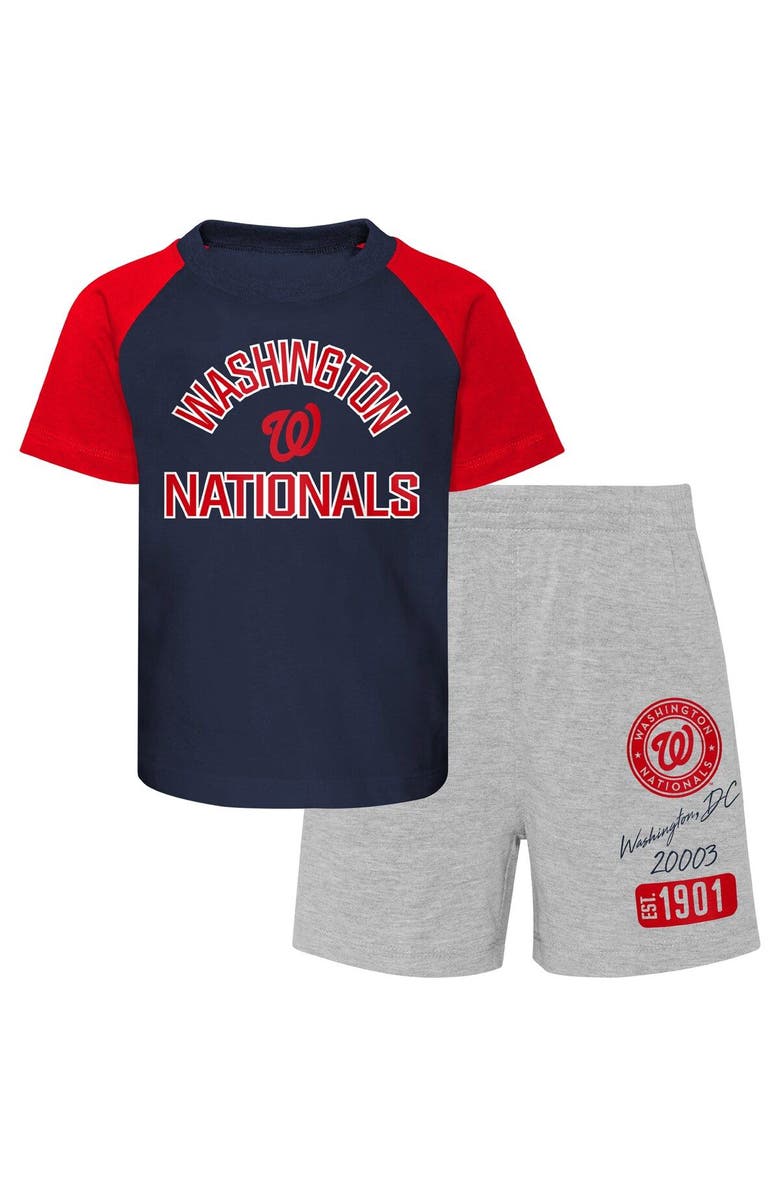 Outerstuff Toddler Navy/Heather Gray Washington Nationals Two-Piece Groundout Baller Raglan T-Shirt & Shorts Set, Main, color, 