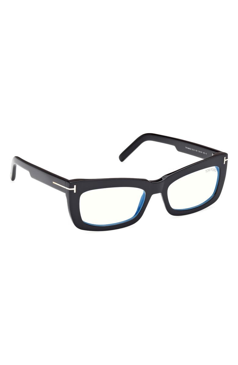 TOM FORD 55mm Rectangular Blue Light Blocking Glasses, Alternate, color, Black Eco / T Logo