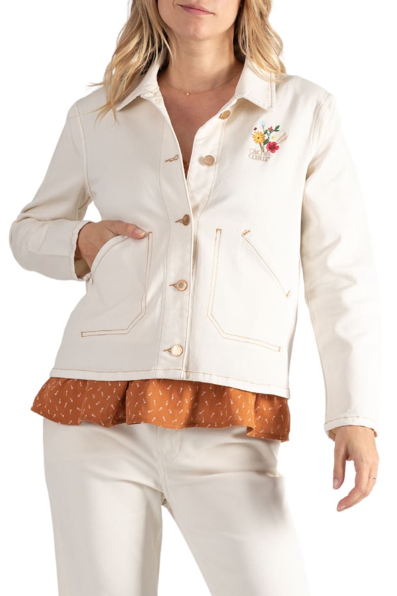 Romy Floral Embroidered Maternity/Nursing Denim Jacket, Main, color, BEIGE