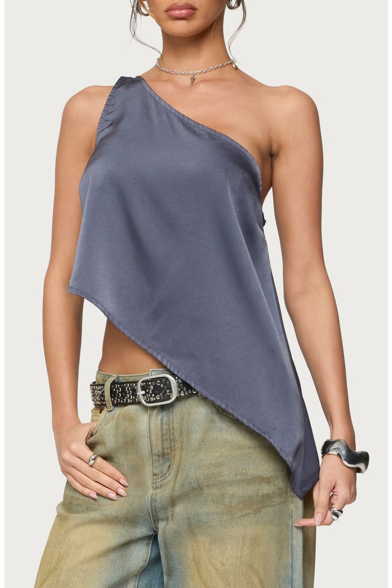 Asymmetric Satin One-Shoulder Top, Main, color, DARK-GRAY