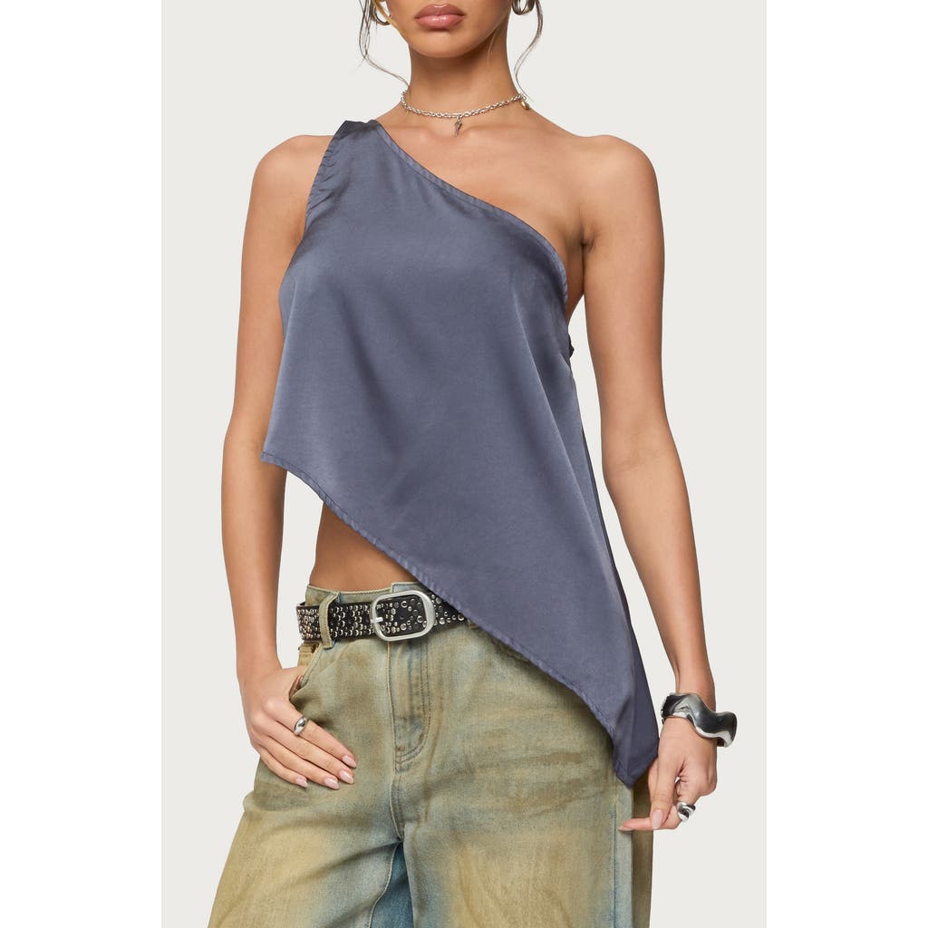 EDIKTED Asymmetric Satin One-Shoulder Top in Dark-Gray at Nordstrom, Size X-Large