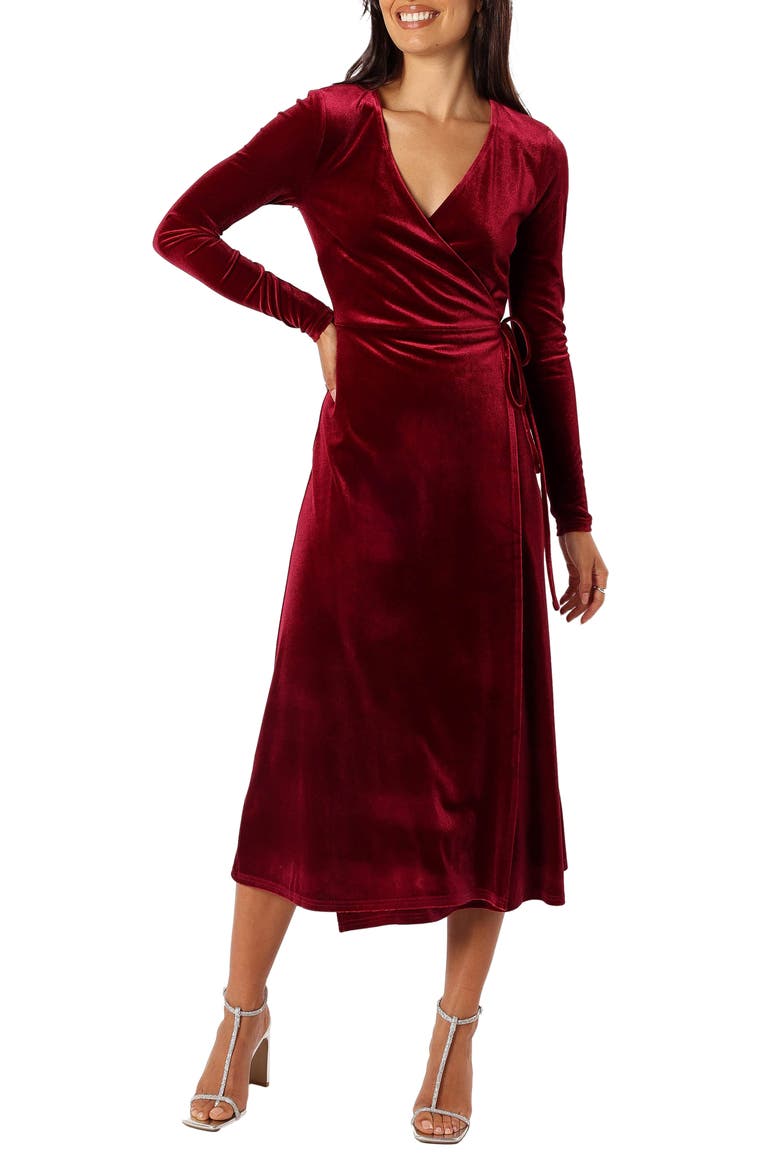 Darby Long Sleeve Velvet Midi Wrap Dress, Main, color, BURGUNDY