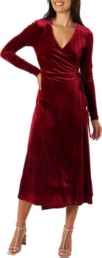 Petal & Pup Darby Long Sleeve Velvet Midi Wrap Dress