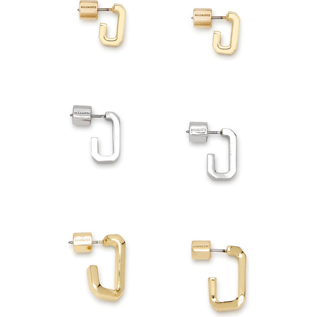Shop Allsaints Set Of 3 Two-tone Hex Huggie Hoop Earrings In Two Tone