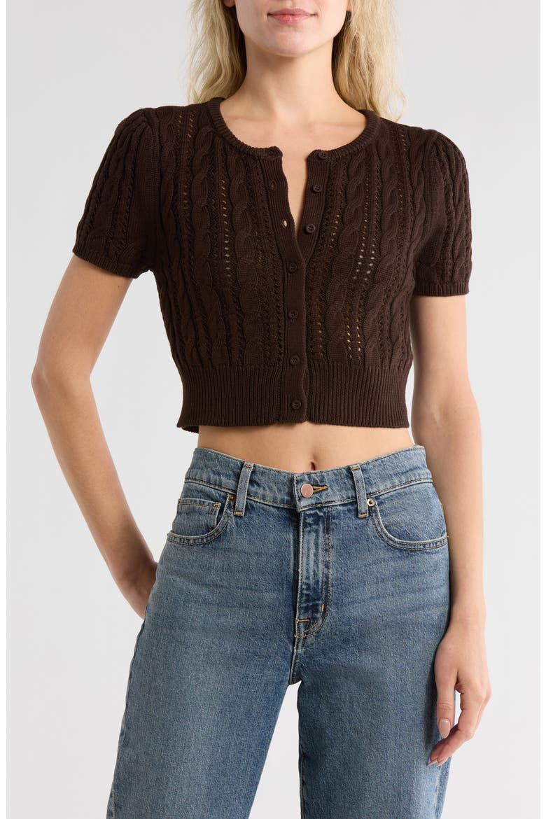 Crop Pointelle Short Sleeve Cardigan, Main, color, CHOCOLATE