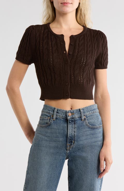Crop Pointelle Short Sleeve Cardigan
