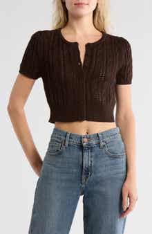 Vigoss Crop Pointelle Short Sleeve Cardigan