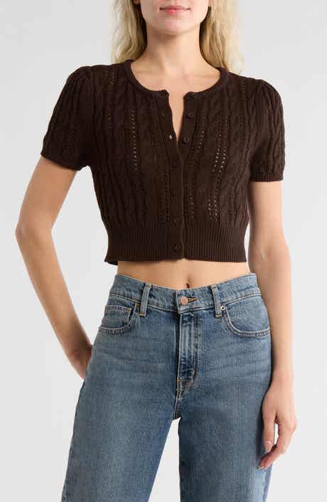 Vigoss Crop Pointelle Short Sleeve Cardigan