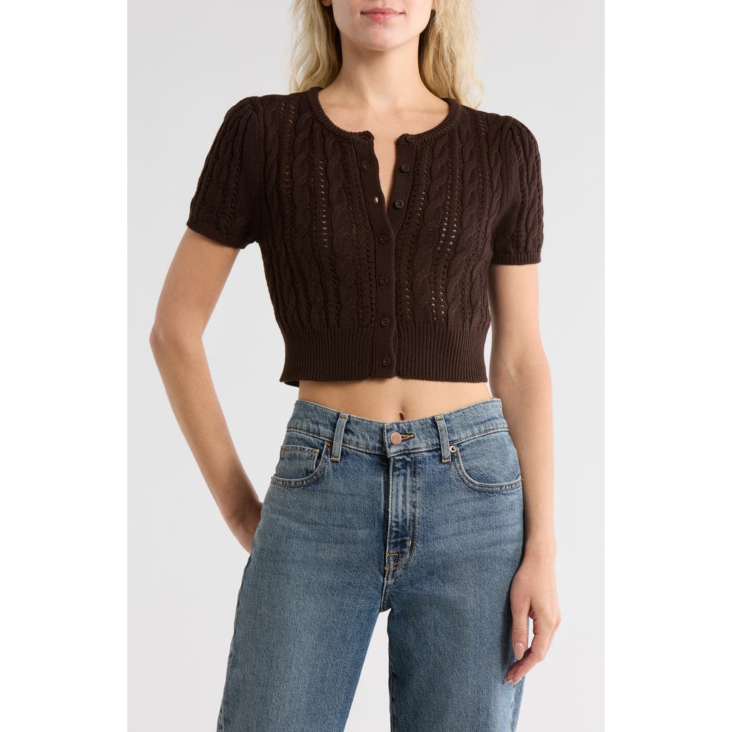 Vigoss Crop Pointelle Short Sleeve Cardigan In Brown