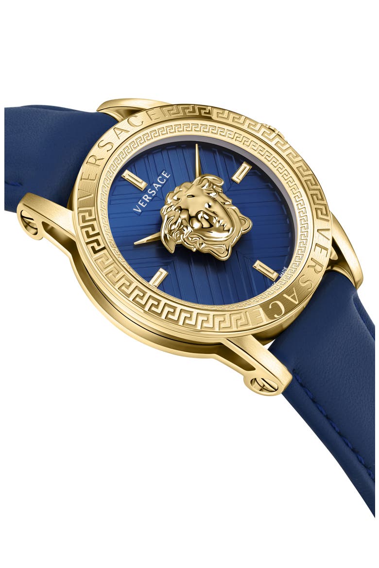 V-Code Swiss Quartz Leather Strap Watch, 43mm, Alternate, color, GOLD