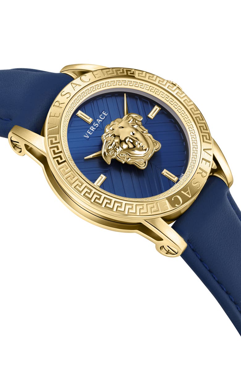 Versace V-Code Swiss Quartz Leather Strap Watch, 43mm, Alternate, color, Gold