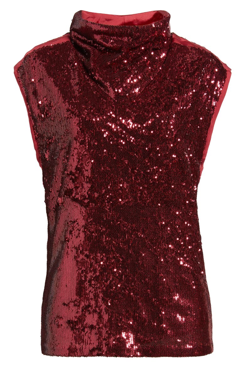 Sequin Mock Neck Top, Alternate, color, DK RD