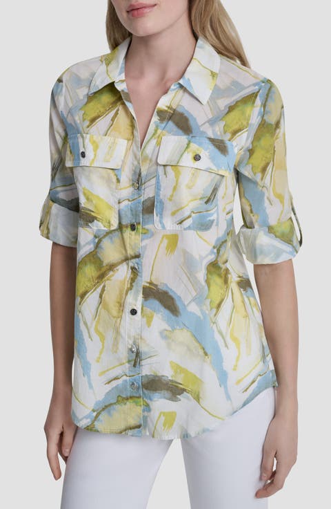Printed Roll-Tab Cuff Cotton Button-Up Shirt