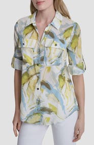 DKNY Printed Roll-Tab Cuff Cotton Button-Up Shirt