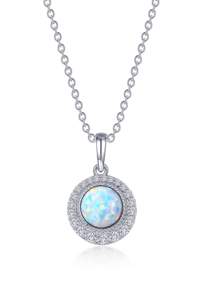 Simulated Diamond Halo & Simulated Opal Pendant Necklace, Main, color, WHITE
