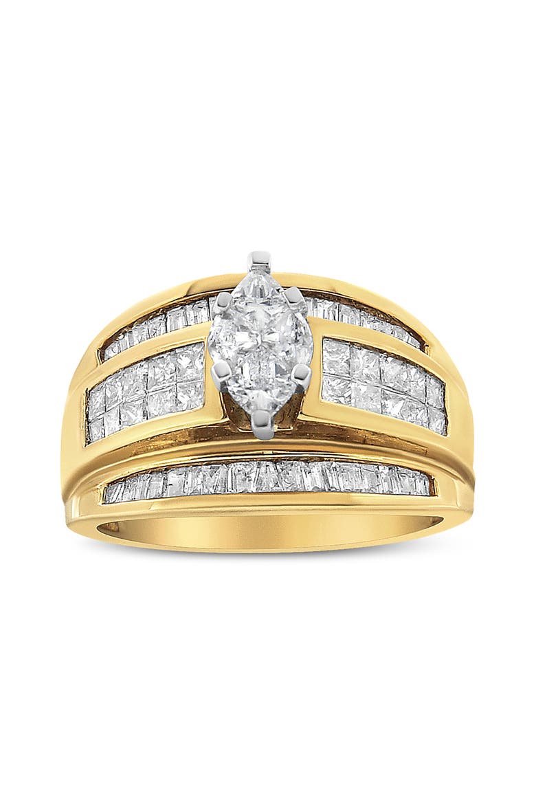 14K Yellow Gold 1 1/2 Cttw Pie, Princess and Baguette-cut Diamond Marquise Shaped Engagement Cocktail Ring Band, Alternate, color, Yellow Gold