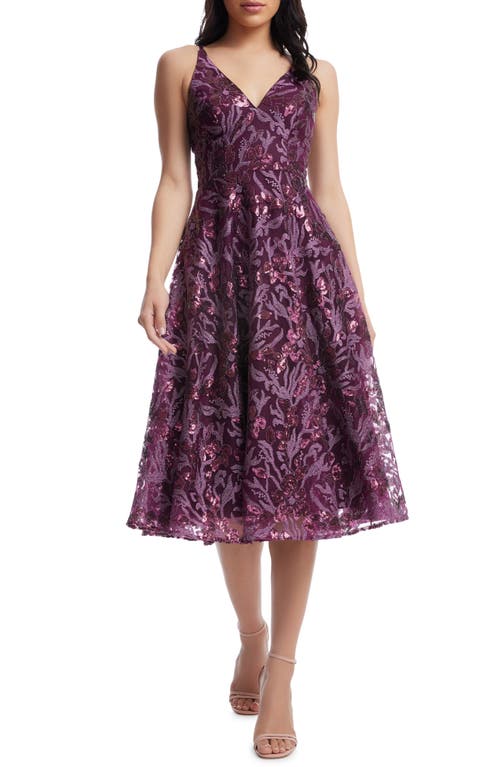 Dress the Population Elisa Sequin Fit & Flare Cocktail Dress in Deep Plum Multi 