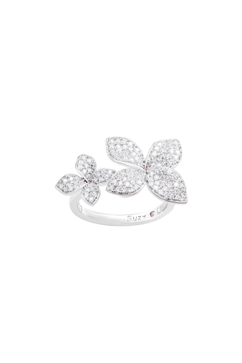 Sterling Silver CZ Double Flower Ring, Alternate, color, WHITE