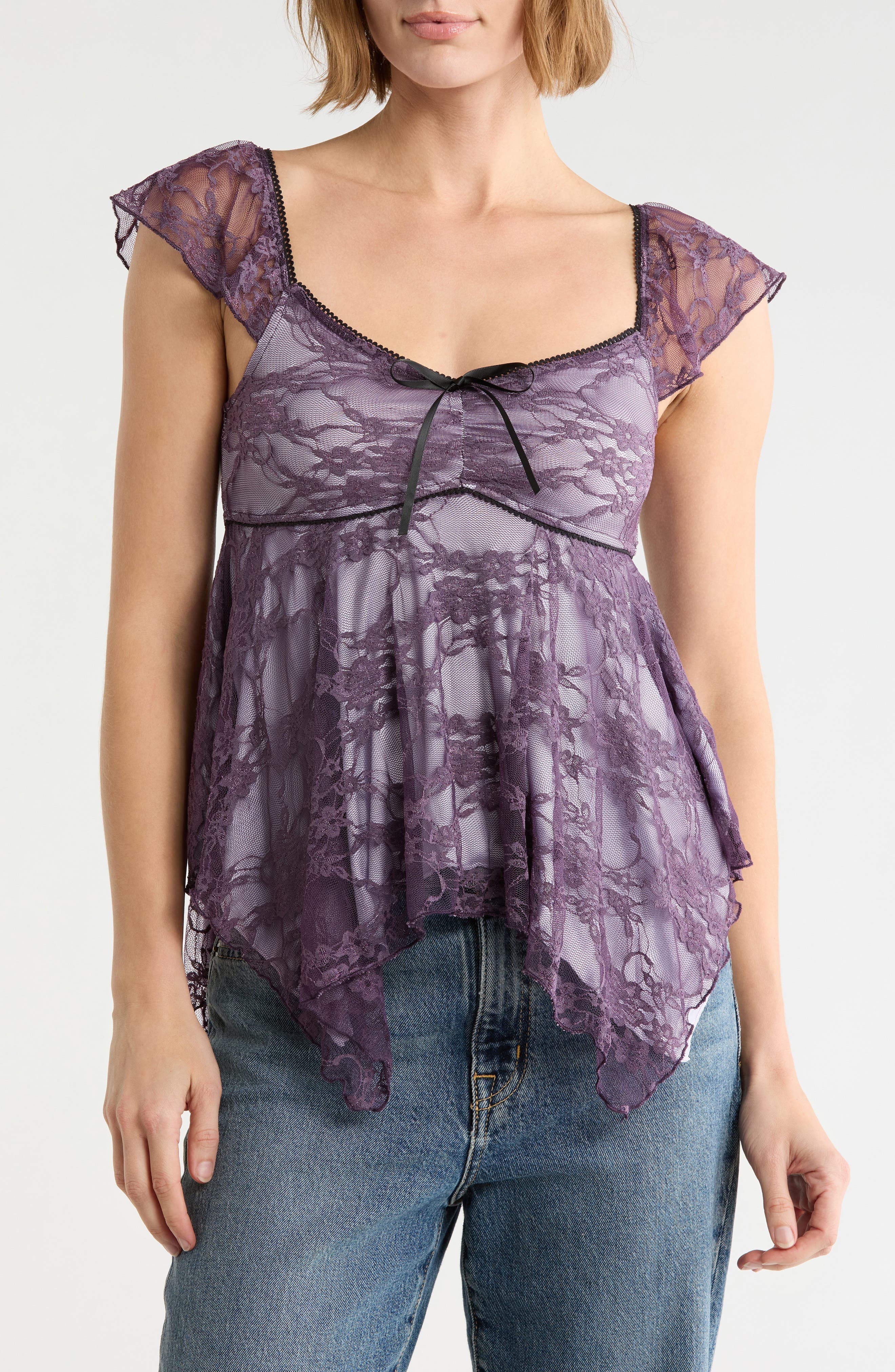 Handkerchief Lace Cami Top with Flutter Sleeves