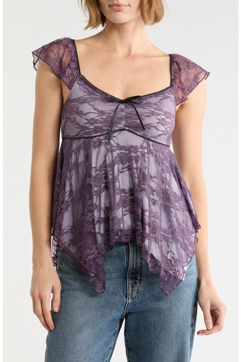 Handkerchief Lace Cami Top with Flutter Sleeves, Main, color, DUSTY PURPLE MISTY LILAC