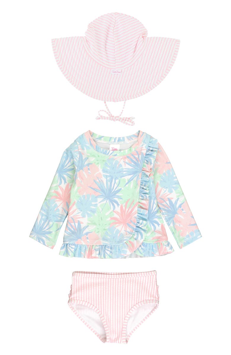 RuffleButts Pastel Palms Ruffle Long Sleeve Two-Piece Rashguard Swimsuit & Hat Set, Main, color, 