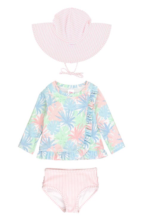 Pastel Palms Ruffle Long Sleeve Two-Piece Rashguard Swimsuit & Hat Set (Baby)