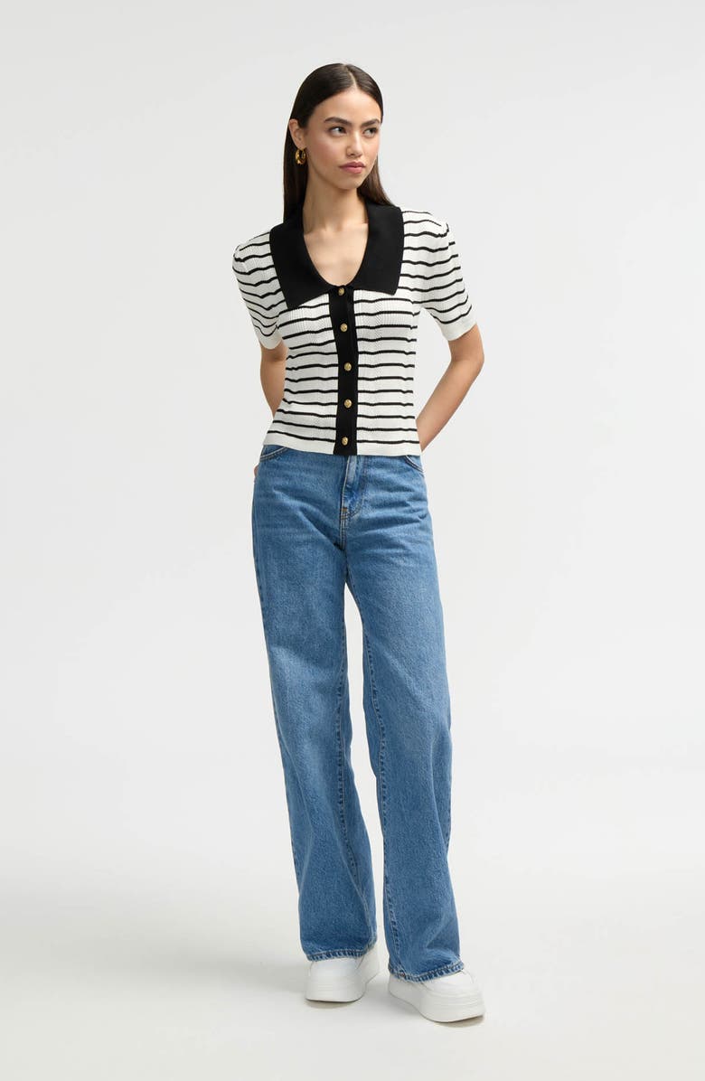 NVLT Stripe Short Sleeve Cotton Blend Sweater, Alternate, color, Marshmallow/ Black Stripe