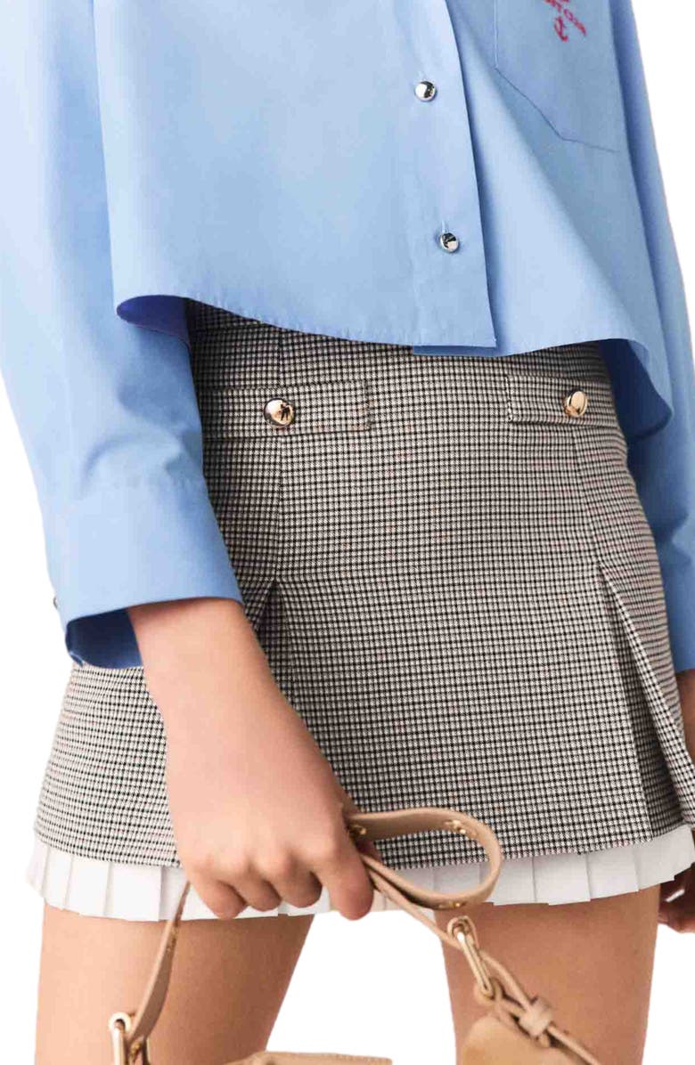 maje Pleated skirt with poplin details, Alternate, color, Brown Checks