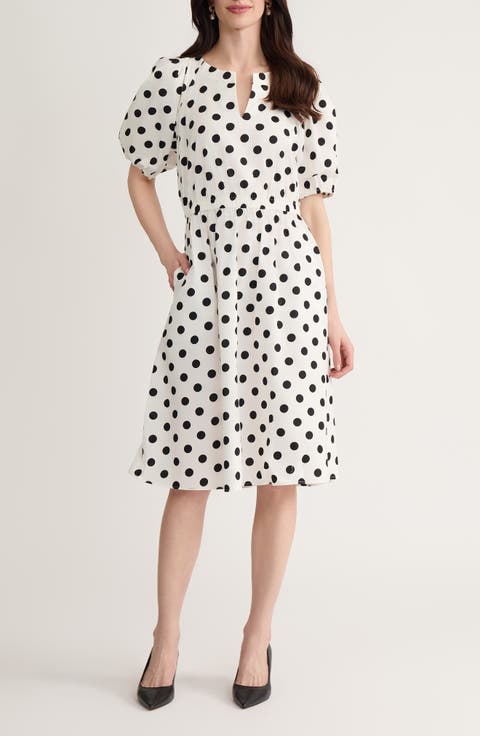 Polka Dot Puff Sleeve Elastic Waist Stretch Cotton Dress