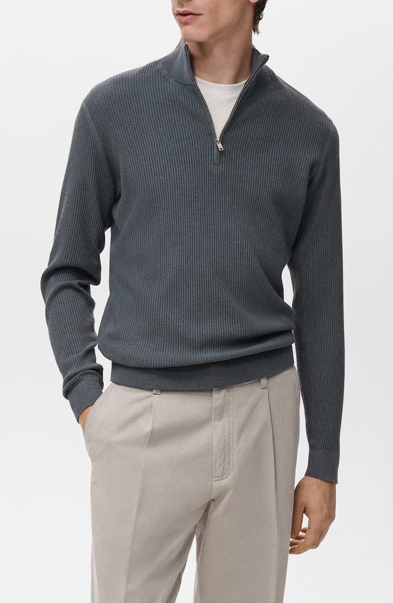 MANGO Rib Quarter Zip Sweater, Main, color, Dark Grey