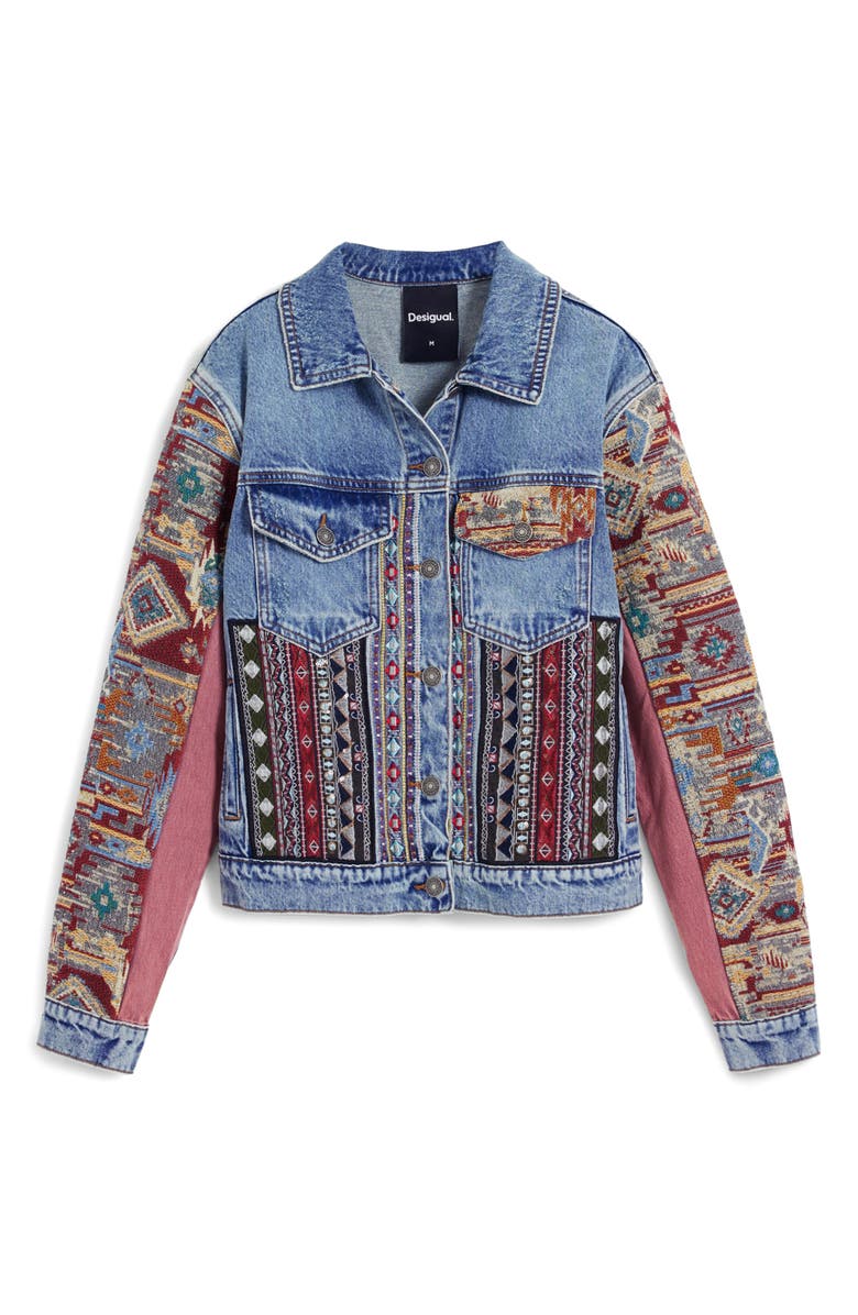 Desigual Embroidered Denim Trucker Jacket, Alternate, color, Medium Blue