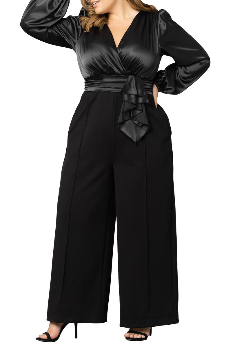 Kiyonna Refined Puff Shoulder Long Sleeve Wide Leg Jumpsuit, Alternate, color, 