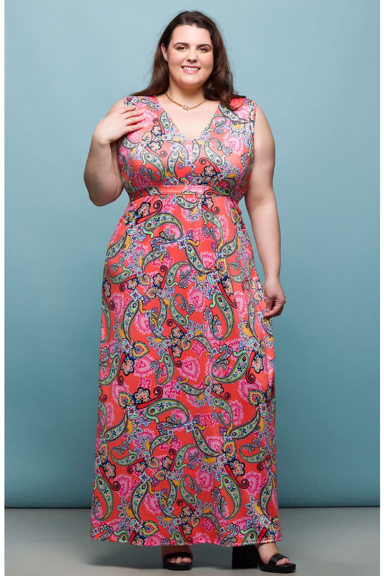 V-Neck Sleeveless Maxi Dress, Alternate, color, CORAL MULTI