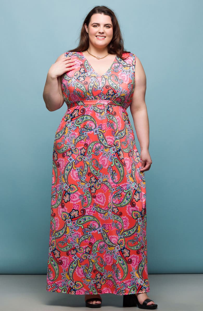 24seven Comfort Apparel V-Neck Sleeveless Maxi Dress, Alternate, color, Coral Multi