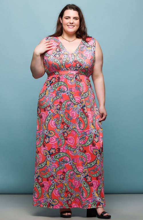 24seven Comfort Apparel Plus Size Print V-neck Empire Waist Sleeveless Maxi Dress In Coral Multi