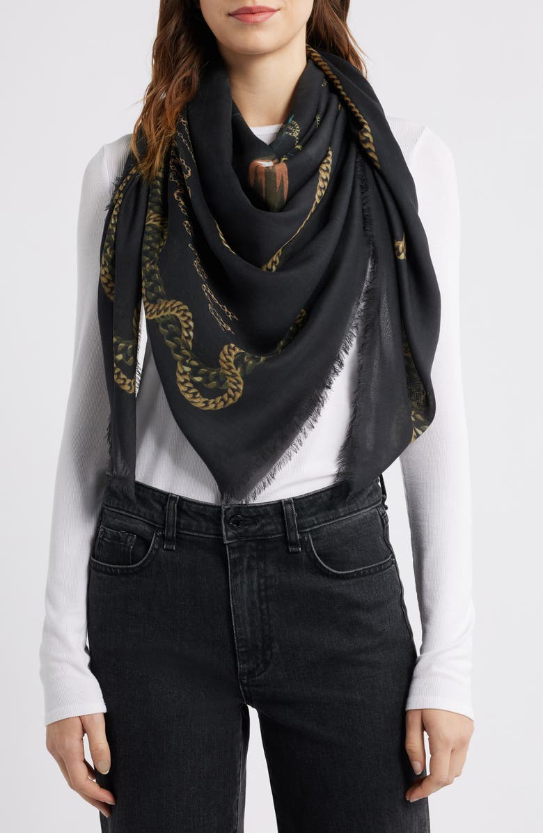 AllSaints Ania Chain Print Square Scarf, Main, color, Black
