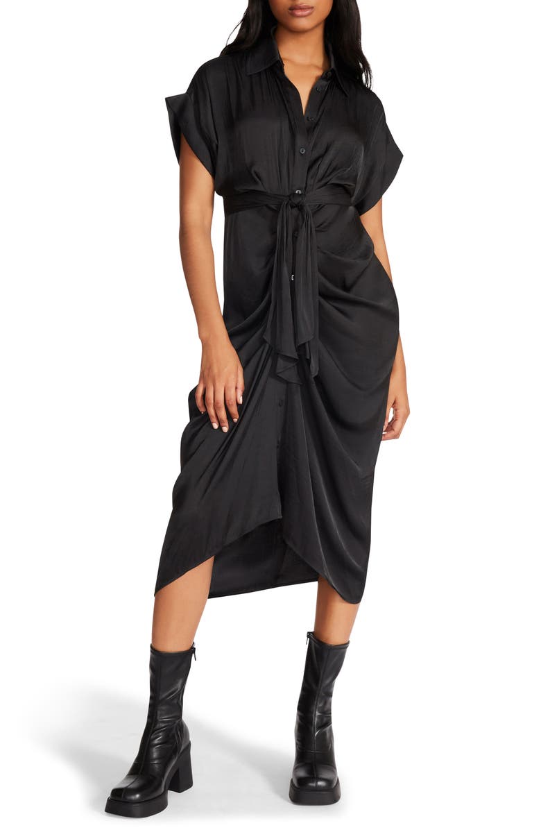 Steve Madden Tori Tie Waist Satin Midi Shirtdress, Main, color, Black Onyx