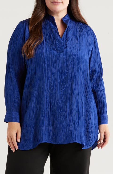 Mandarin Collar Textured Stretch Silk Tunic (Plus)