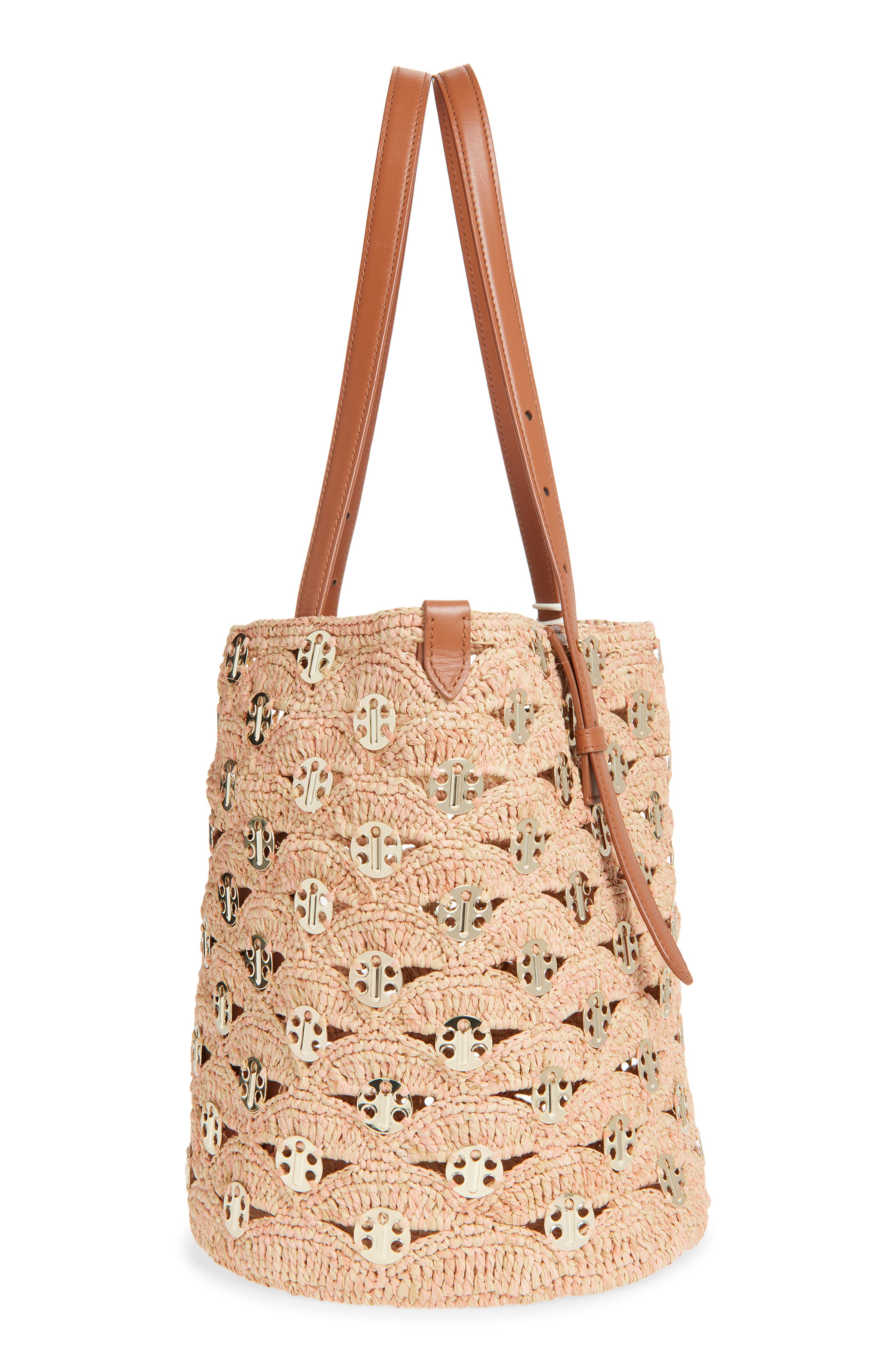 Rabanne Raffia Disc North South Bucket Bag, Alternate, color, Peach/ Gold