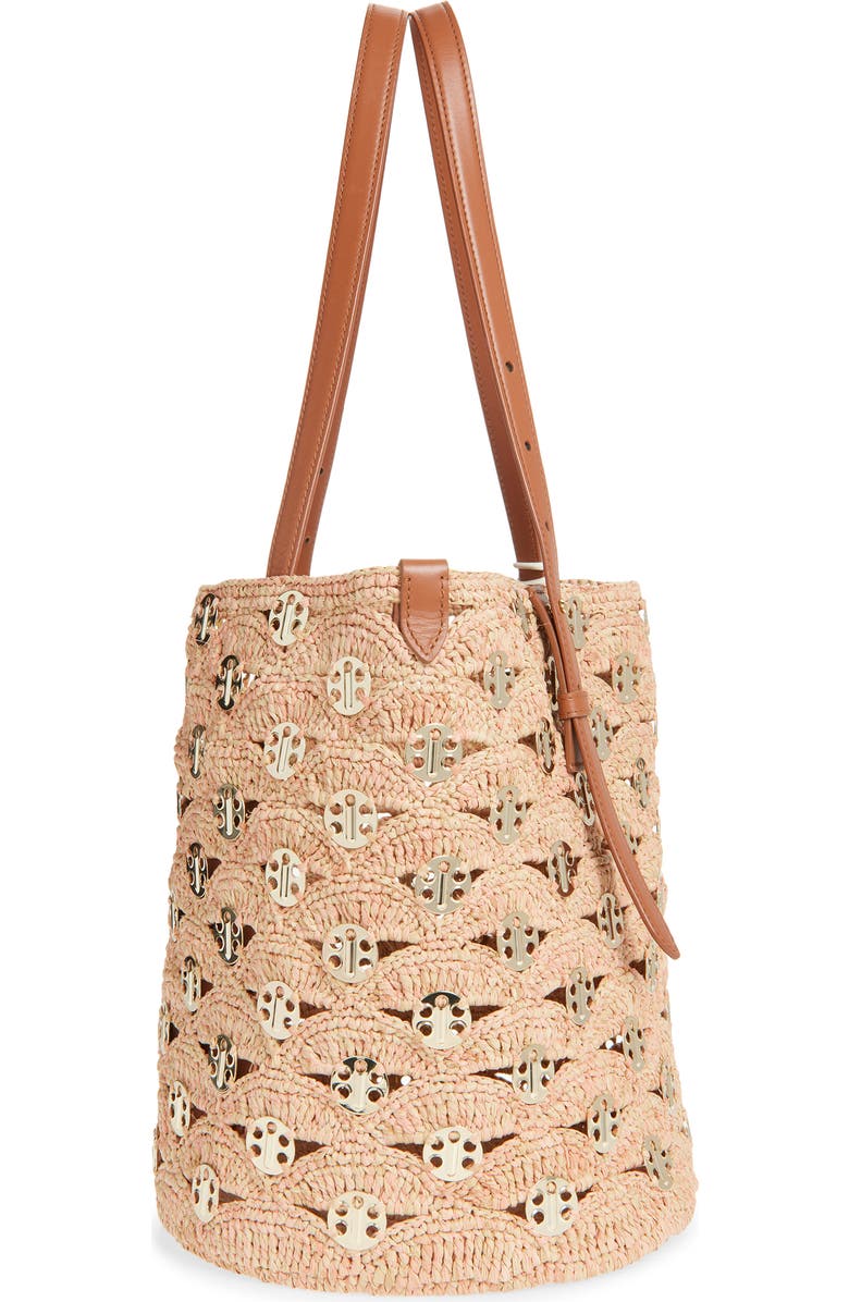 Rabanne Raffia Disc North South Bucket Bag, Alternate, color, Peach/ Gold