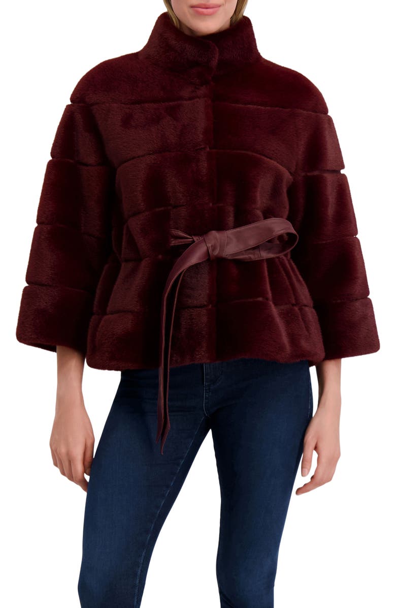 Lyla Grant Fur-Free Mink (Faux Fur) Jacket, Belt, Main, color, Wine