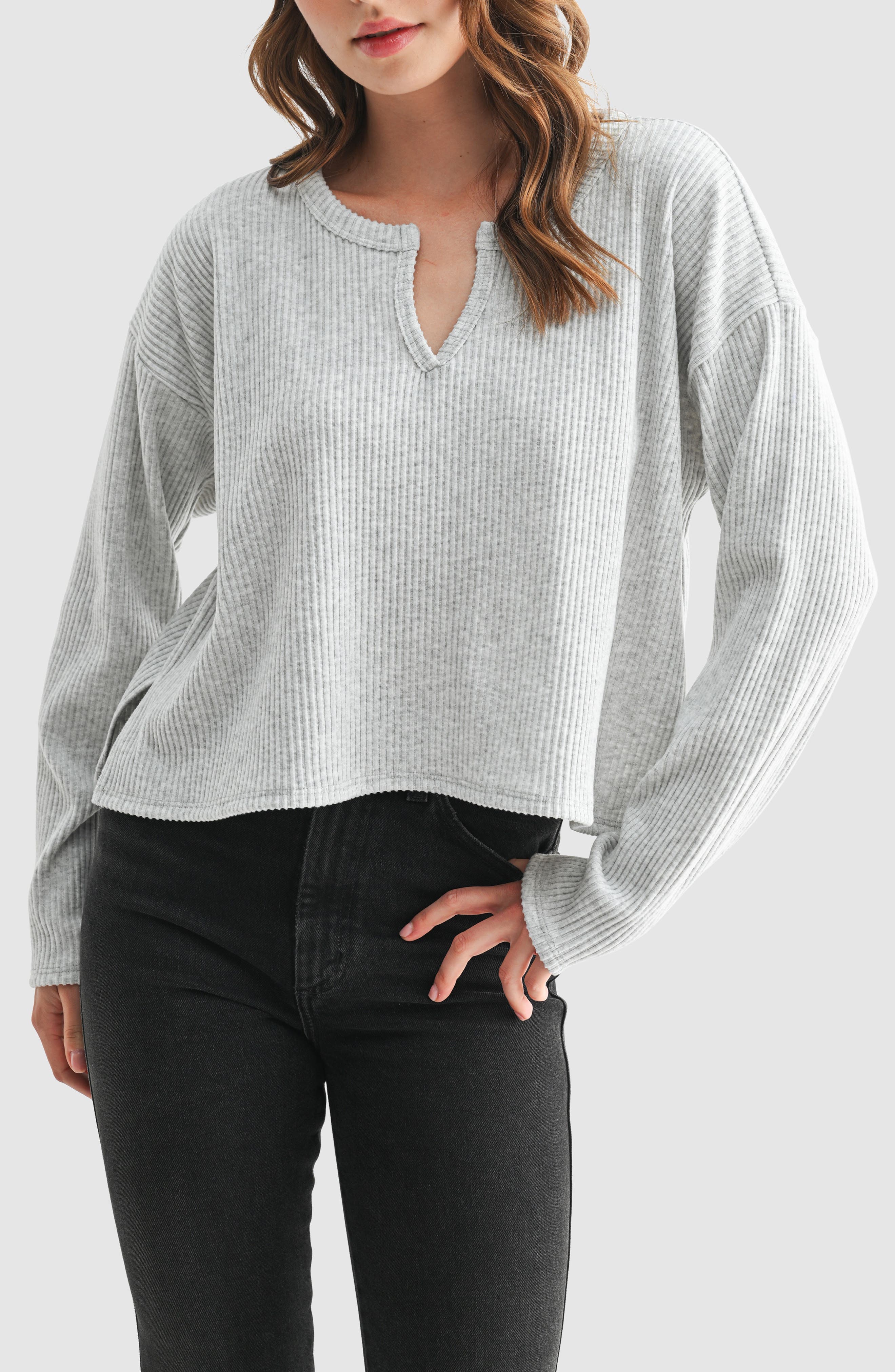 Lush Split Neck Long Sleeve Ribbed Top